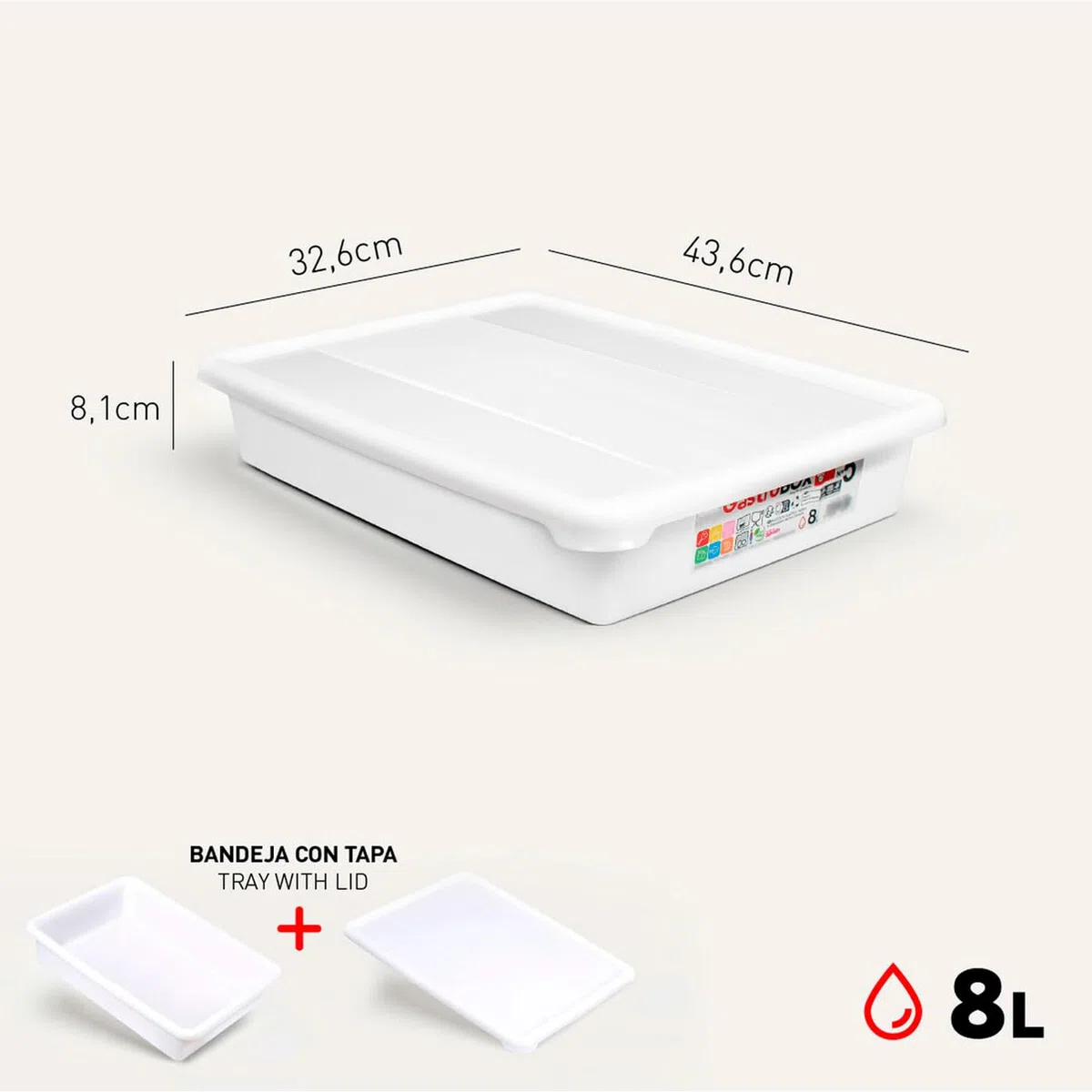 Tradineur - Pack de 6 bandejas frigoríficas de Almacenamiento con Tapa, N.º 5 - HG, plástico, Reutilizables, Guardar Alimentos, Fabricadas en España (Blanco - 8 litros - 43,6 x 32,6 x 8 cm)
