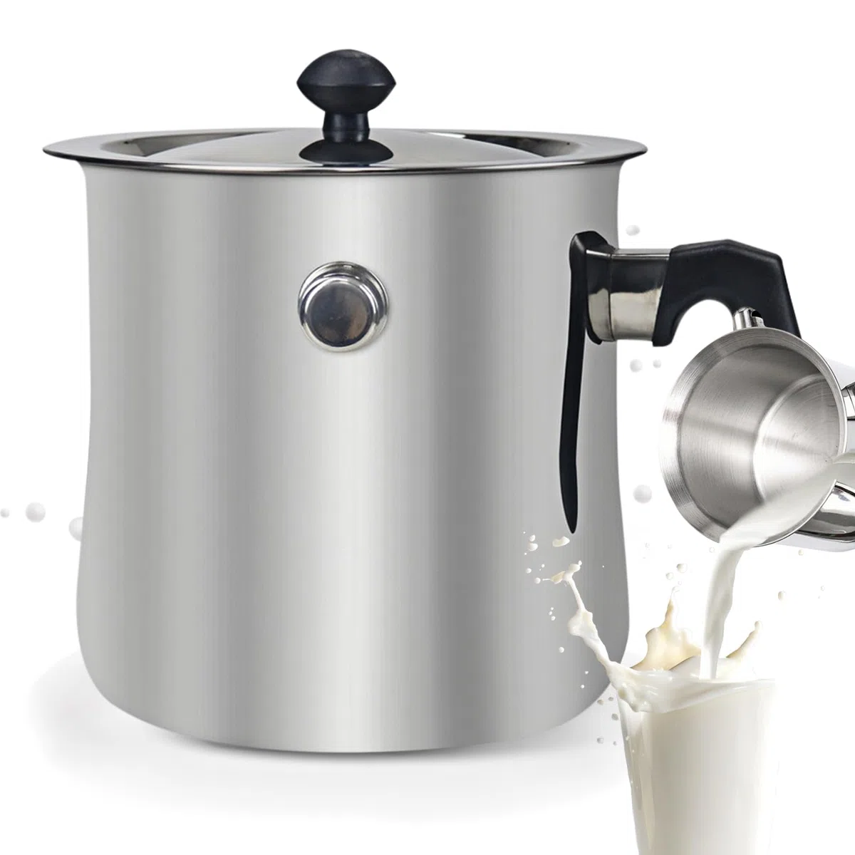 Olla para leche de inducción de doble pared, 1,5 litros, acero inoxidable, con vertedor y tapa de cristal, 15 cm de alto, con mango de plástico antideslizante, apta para todo tipo de fuegos