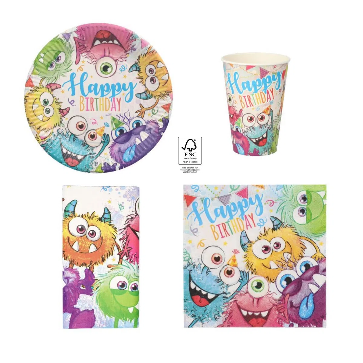 Set de cumpleaños Funny Monsters para fiestas, platos, vasos, servilletas, mantel, 31 piezas