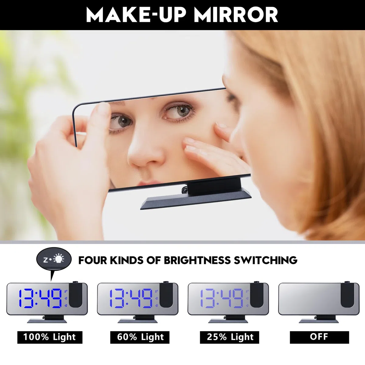 Despertador de proyección, Reloj Despertador Digital con Proyector con Temperatura y Fecha Pantalla Grande 4 Niveles de Brillo Modo Nocturno 12/24H,Puerto de Carga USB,Doble Alarma