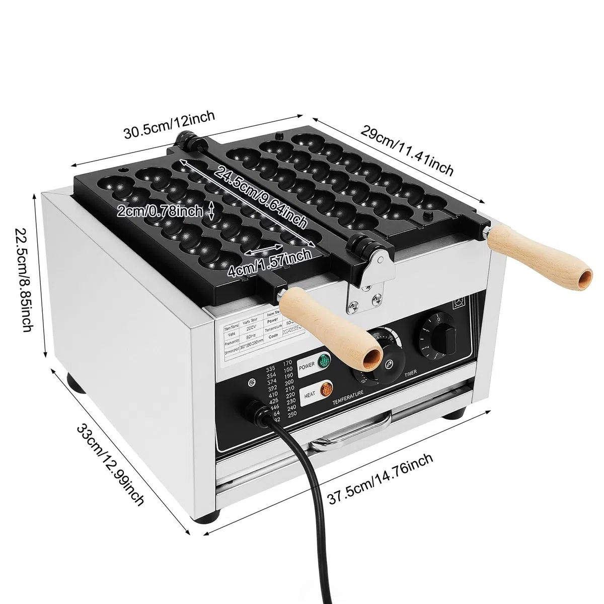 1500 W de acero inoxidable eléctrico para gofres, máquina para gofres profesional de acero inoxidable, gofrera de varilla, máquina de gofres comercial, adecuada para panaderías, quioscos