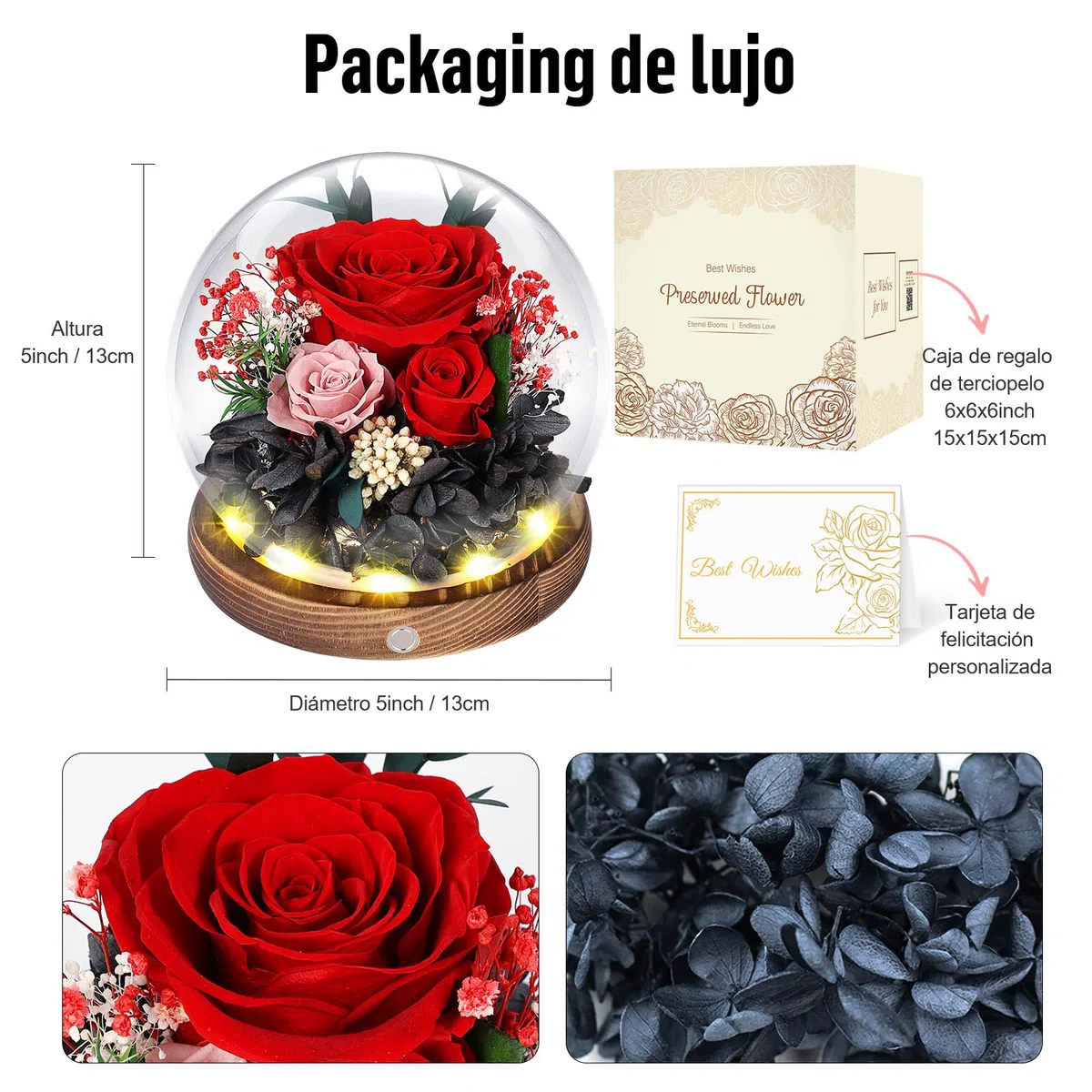 Rosa Eterna en Cúpula de Cristal con LED, Rosa Preservada por 5 Años, Flores Preservadas, Regalo para Mujer, Mamá, Novia o Esposa, Día de la Madre, San Valentín, Cumpleaños y Aniversario (Roja)