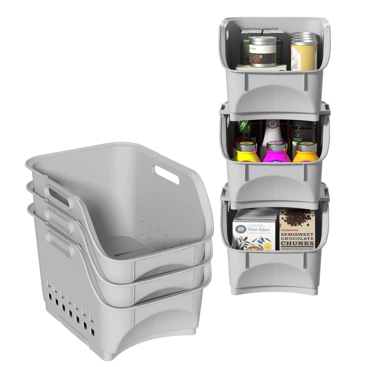 Paquete de 3 cestas de almacenamiento frontales abiertas, cestas apilables de plástico para organizar frutas, verduras, condimentos, color gris