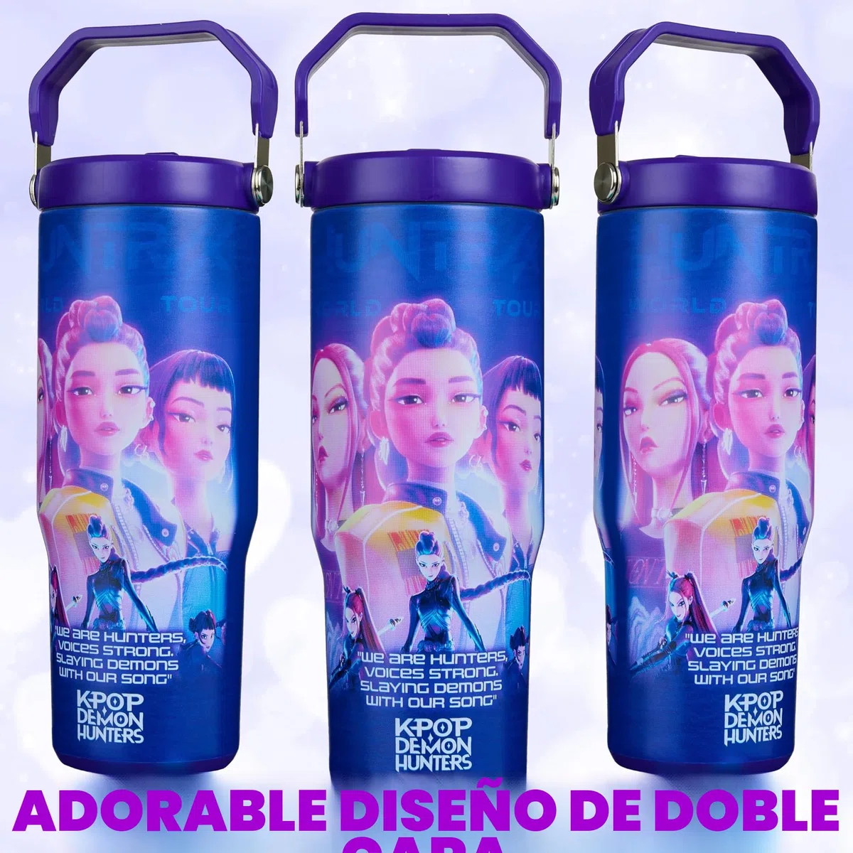 KPop Demon Hunters Oficial Vaso Termico Pajita y Asa 850ml, Taza Acero Inoxidable Reutilizable