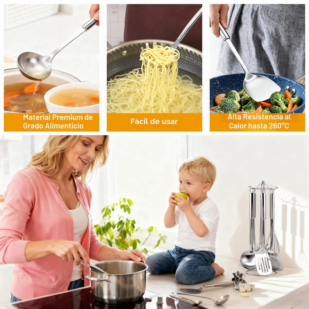 7 piezas utensilios de cocina acero inoxidable - mango para colgar, utensilios de cocina con 2 espátula, cucharón, espumadera, batidor, Cuchara para espaguetis, soporte