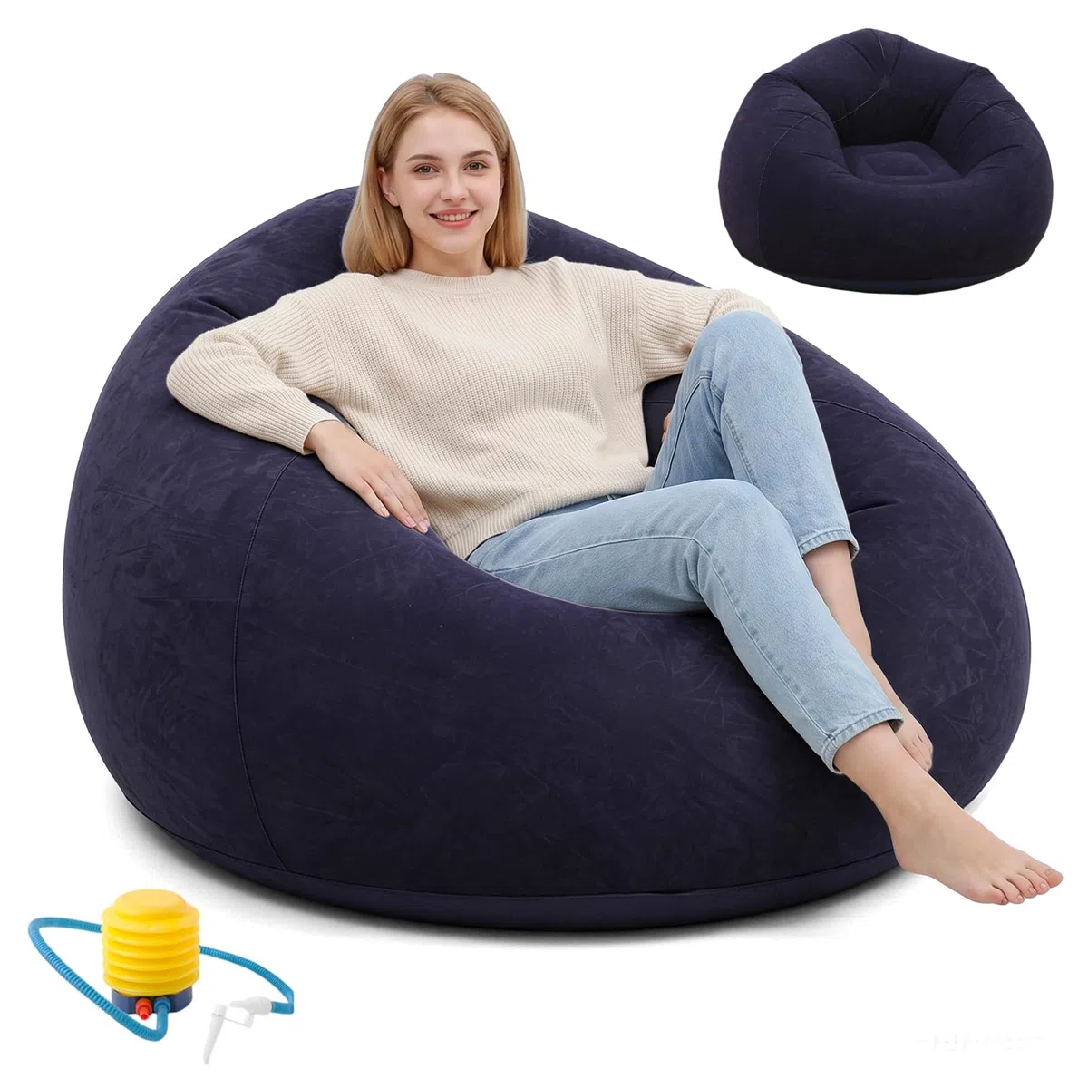 Sofá Inflable, Sofá Inflable Portátil con Bomba de Aire, Tumbona Inflable para Camping, Playa y Piscina, Adecuado para Niños, Adultos y Familias (Azul)