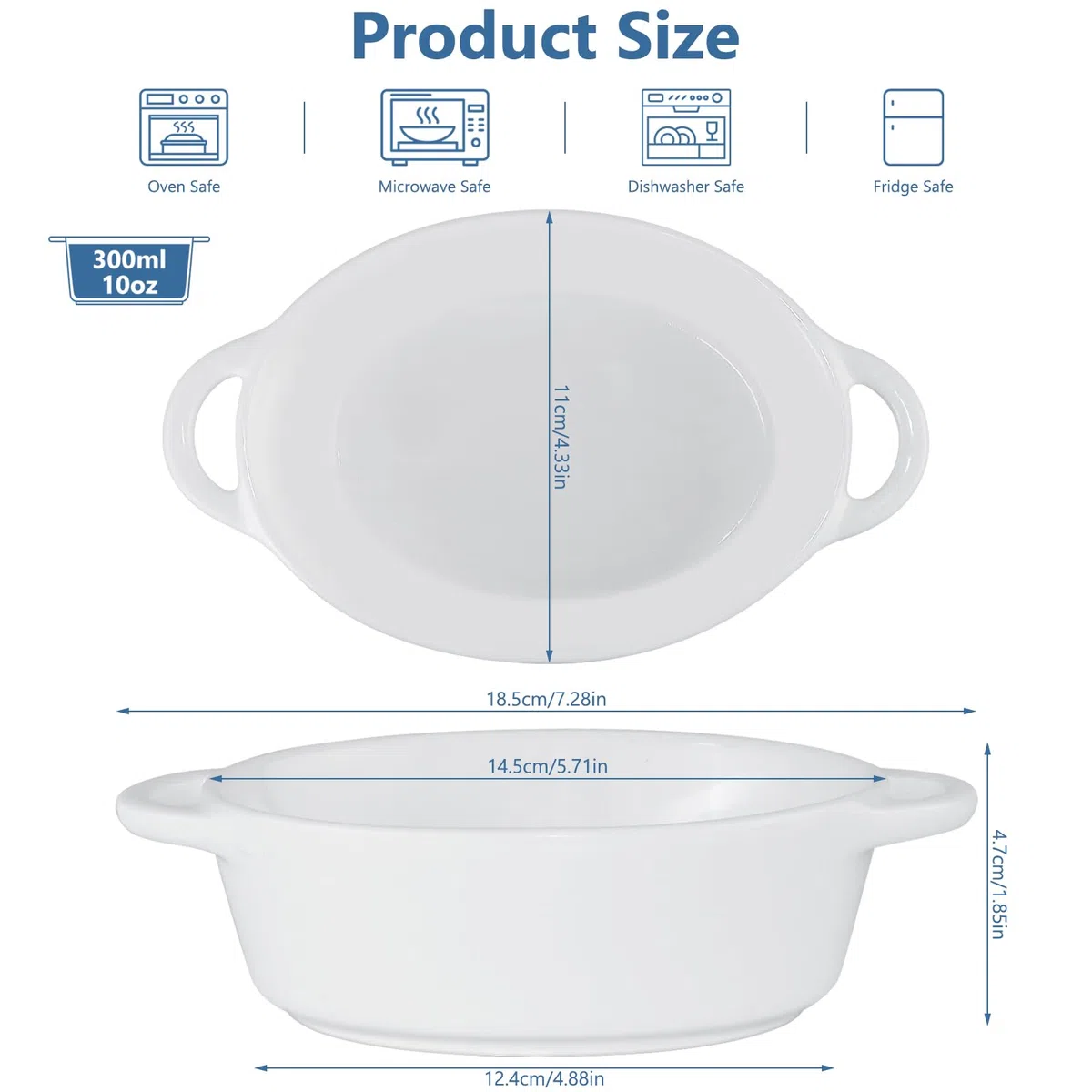 Juego de 4 platos de cerámica para hornear, 300 ml, pequeños con asas para horno, plato de lasaña de cerámica para pasta, tartas, quiche, pasteles, crema brulee, soufflé (18,5 x 11 x 4 cm)