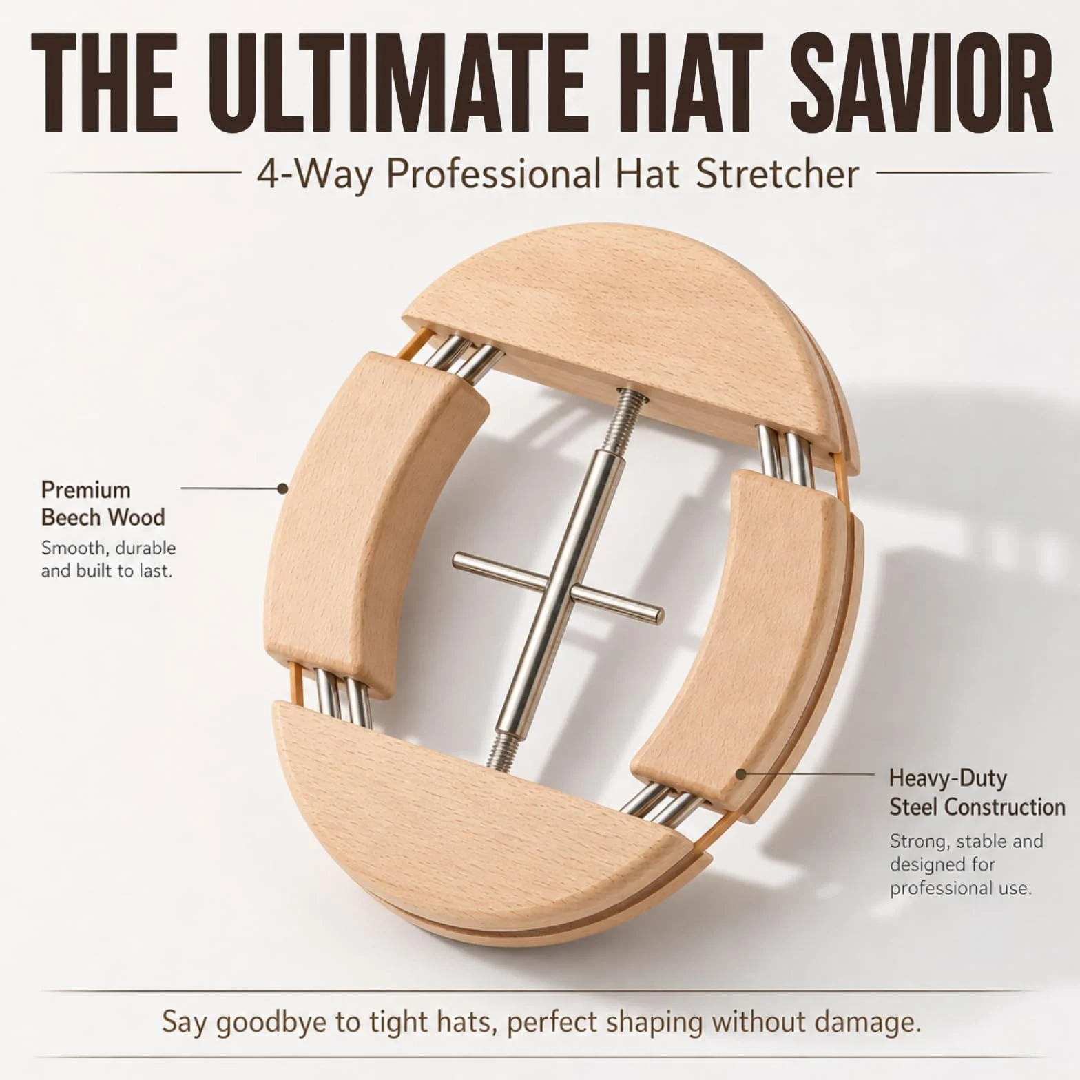 Tensor de sombrero, tensor de sombreros de madera de cuatro lados, soporte para sombreros de madera natural, sombrero de fedor de vaquero, ajustable en anchura al sombrero, adecuado para gorras