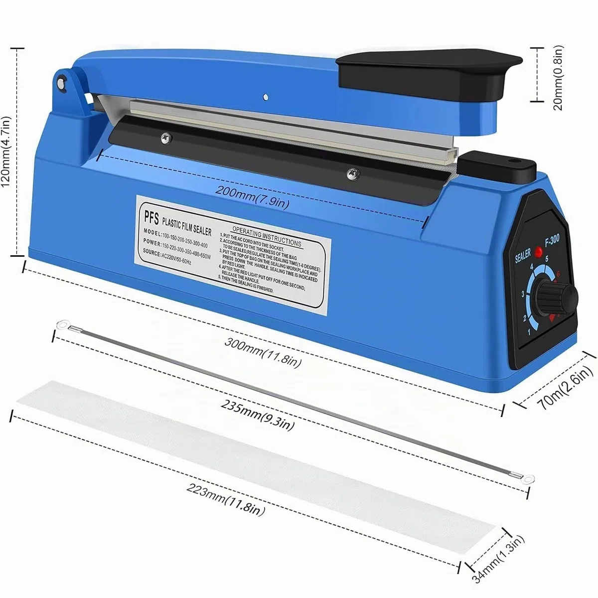 SINZUX Máquina selladora, Eléctrica Manual De Alimentos Pulso Sellador Térmico Rápido,Para Selladora de Bolsas de Plástico PP y PE (200mm)