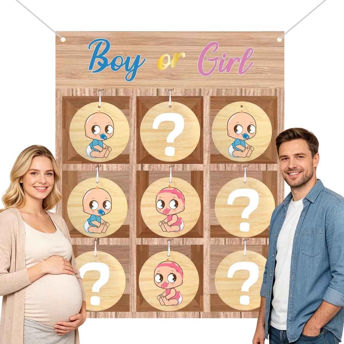 ANPUNAT Juego para Bebés, Juego de Tres en Raya para Revelar el Género del Bebé (Niño o Niña), Kits de Decoración para Baby Shower y Anuncios de Embarazo