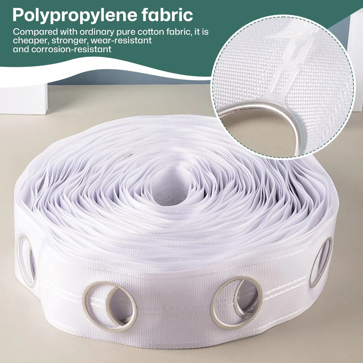Cinta de cabecera de cortina blanca de 12 m con 96 anillos de ojales (42 mm de diámetro interior) para decoración de cortinas perforadas del hogar