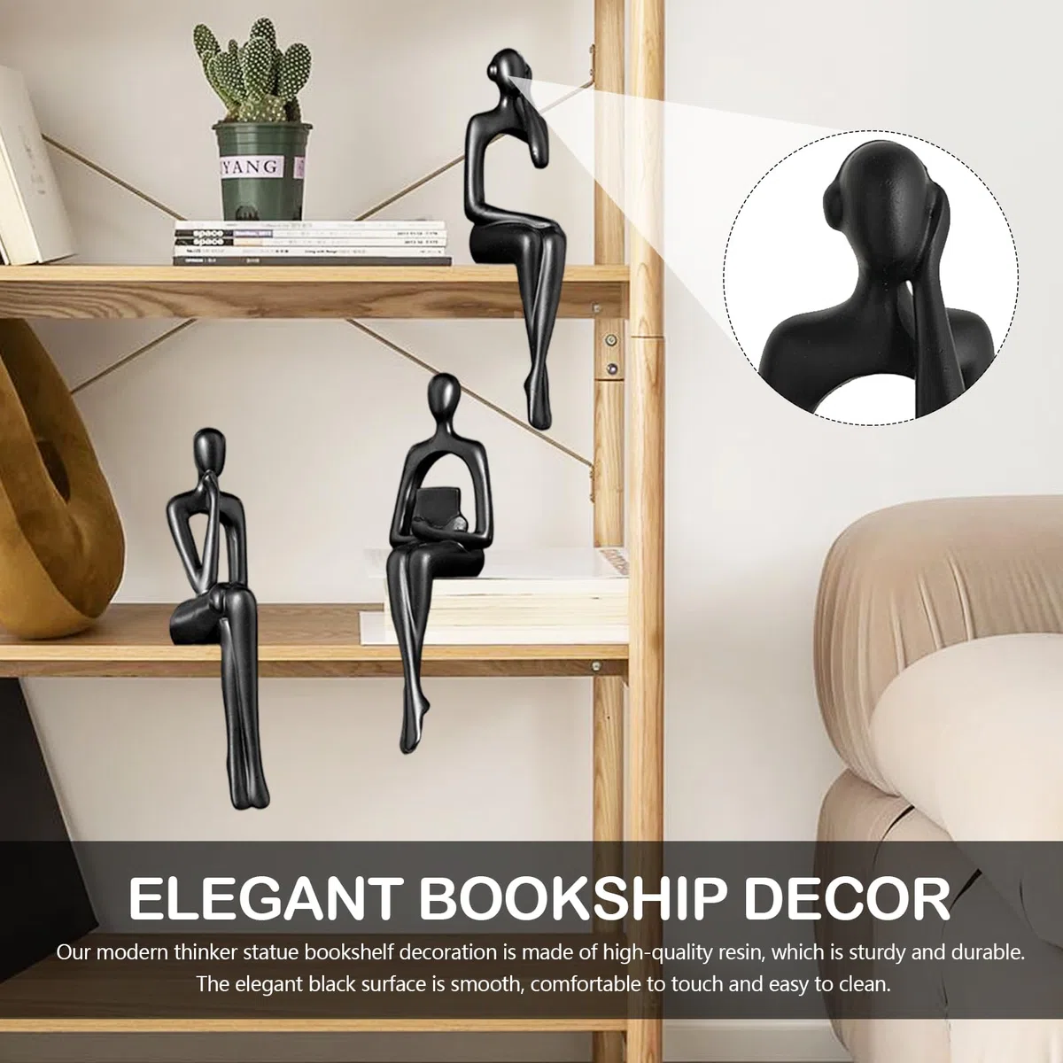 Negro Estatuas De Pensador, 3PCS Escultura De Pensador Figuras Decorativas De Arte Abstracto Estatuas Decoración Versátil Esculturas De Resina Modernas De Estar Oficina Estantería Dormitorio