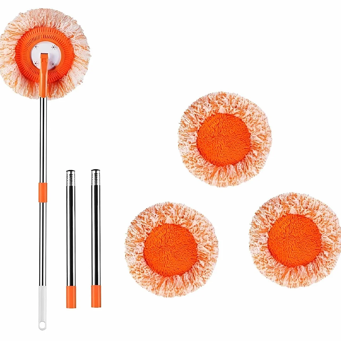 Juego de mopa giratoria de 360 grados con 4 varillas removibles y 4 cabezales intercambiables, redonda de microfibra ajustable, juego de limpieza de ventanas para el suelo