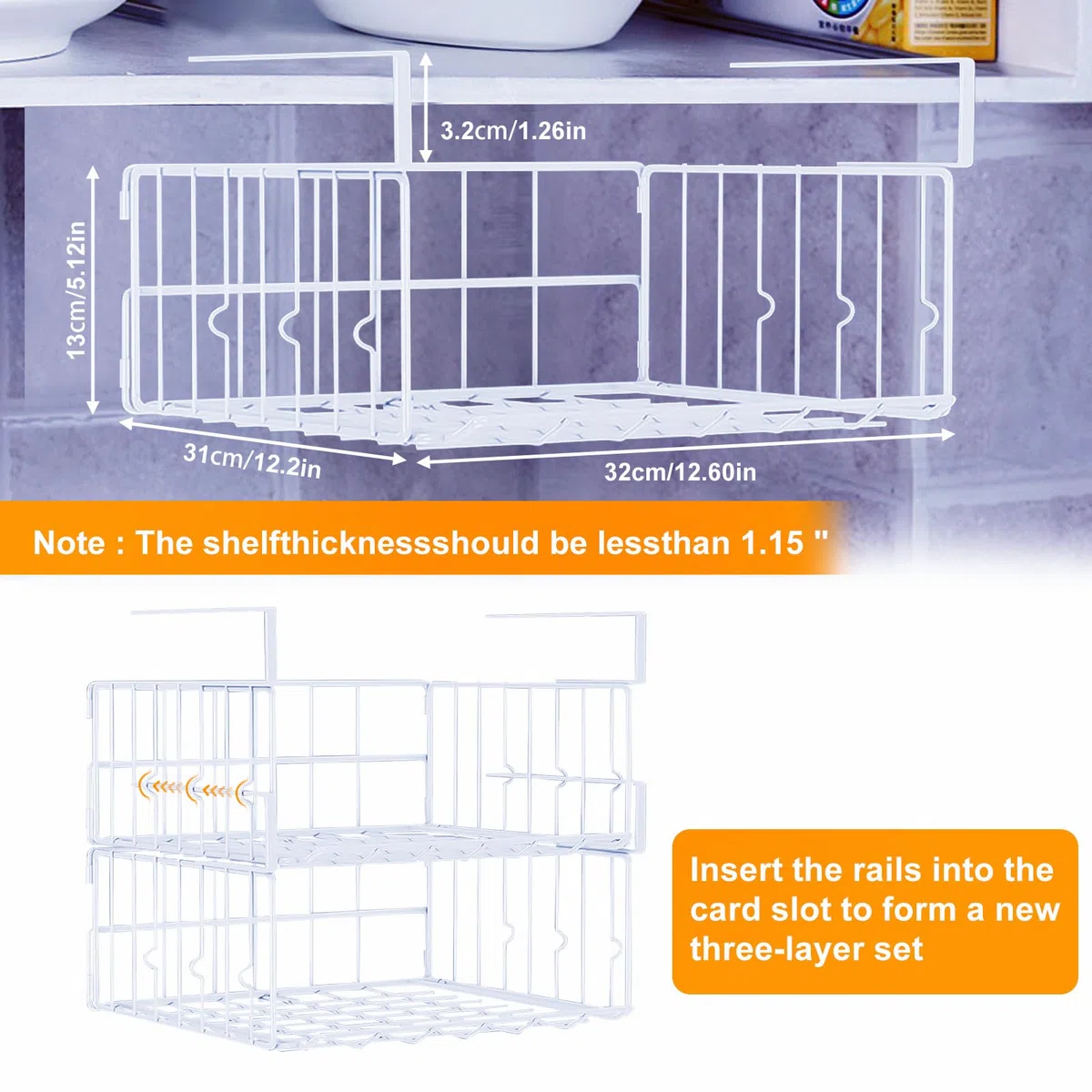 Qivine Juego de 3 Cesta Colgante de Metal, Cesta para Colgar Debajo del Armario, Cestas de Almacenamiento Colgantes de Metal, para Oficina, Despensa, Baño