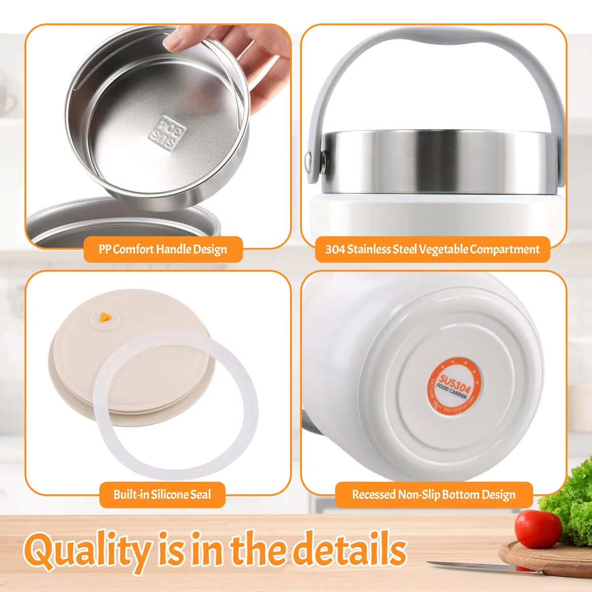 volumoon Recipiente Térmico para Comida 1200ml, Acero Inoxidable con Cuchara Plegable, Fiambrera Térmica con Compartimento y Tapa Hermética, Ideal para Sopa, Papilla, Oficina, Escuela, Viajes (Verde)