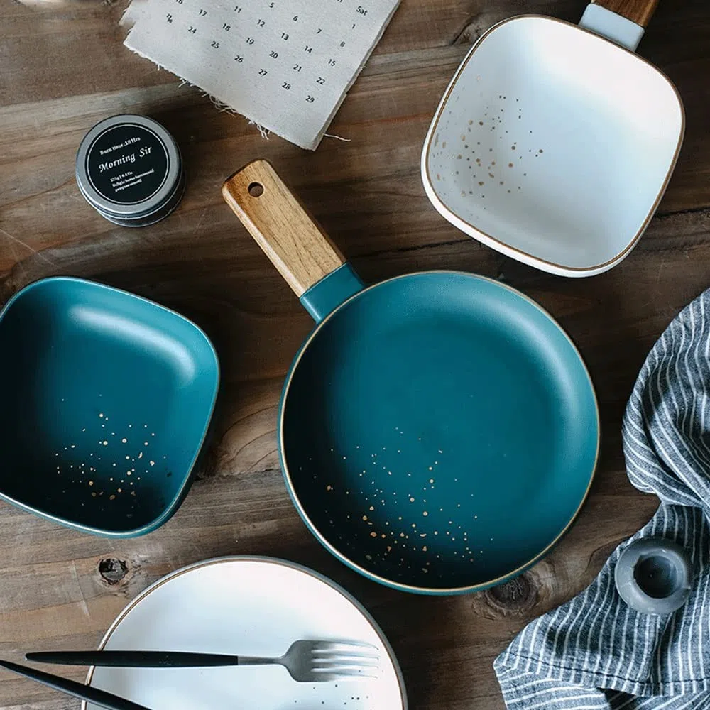Ensaladeras Creativo cerámico mango de madera tazón nórdico pintado ensalada cuenco casero postre vajilla de fideos japonés cuenco Cuencos para Cocina (Color : A)