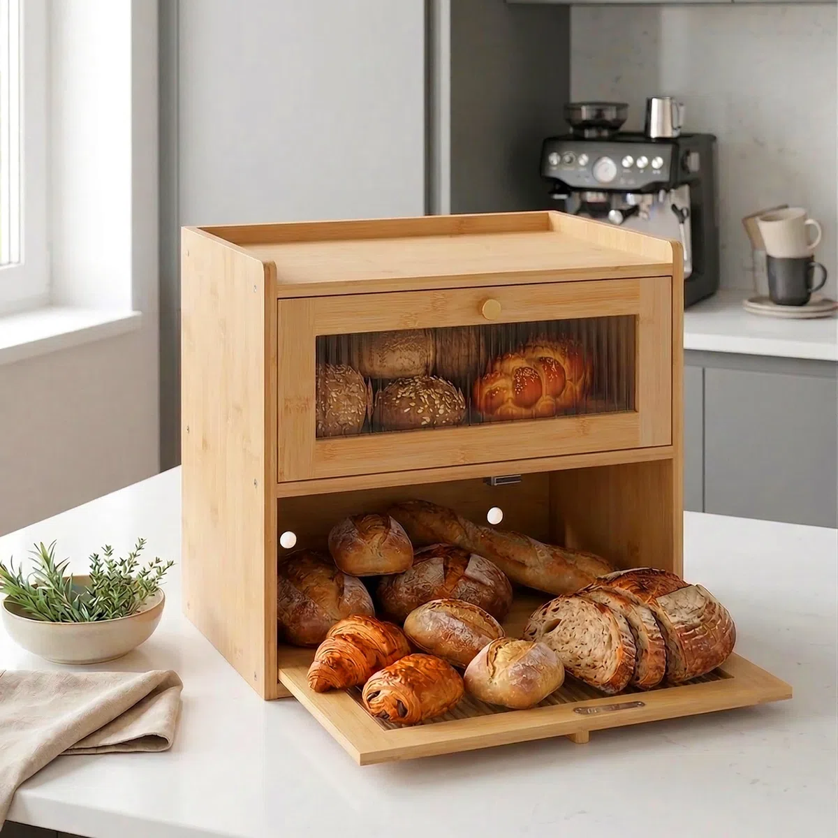 Relaxdays Panera de bambú, 2 estantes, con Ventana, Puertas abatibles, Altura 34 x 36,5 x 24 cm, Color Natural