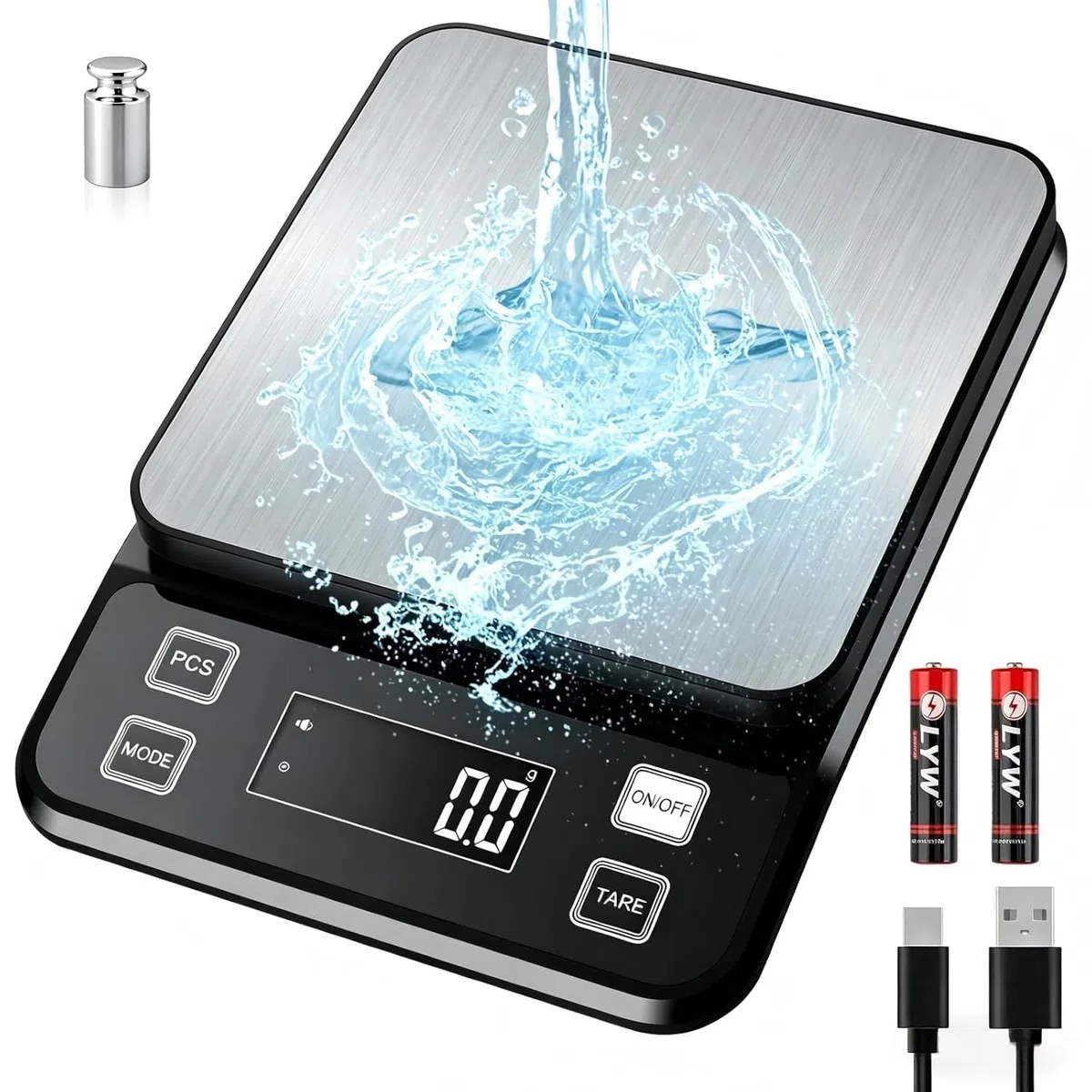 Bascula Cocina Recargable, [Impermeable-0.1g/10kg] Diyife Báscula de Cocina Resistente al Agua,10 Unidades de Medida, Función Tara, Recuento de Piezas, Acero Inoxidable 304, para Hornear y Cocinar