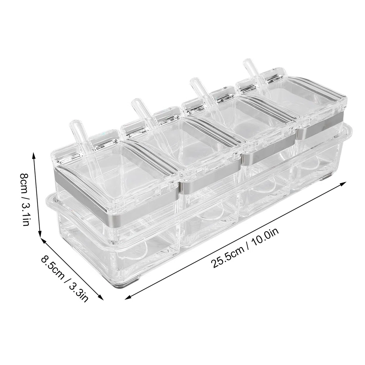 Caja de condimentos transparente de 4 celdas, caja de condimentos acrílica, macetas con cuchara para azúcar, sal, azúcar, cardamomo, canela