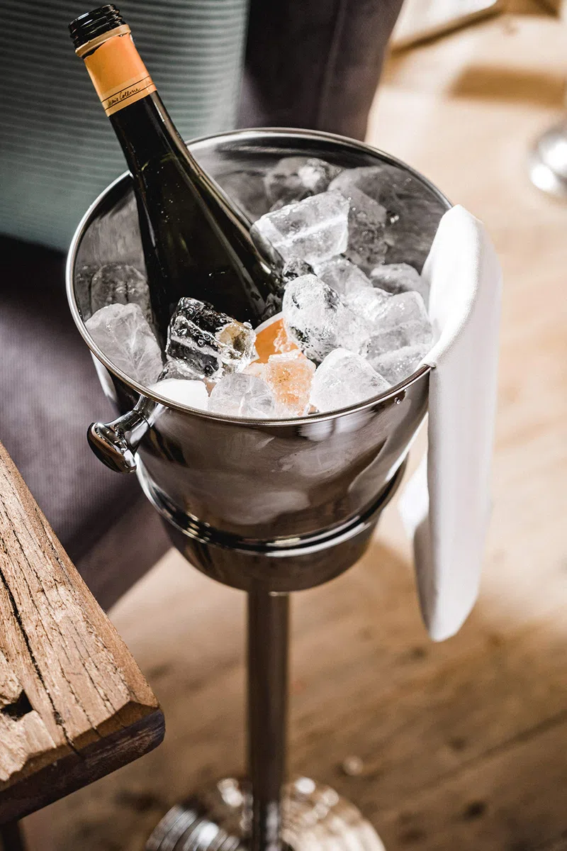 Enfriador de champán sobre pie, enfriador de vino con soporte, enfriador de botellas de acero inoxidable plateado, enfriador para champán, vino y champán, XXL, 80 cm