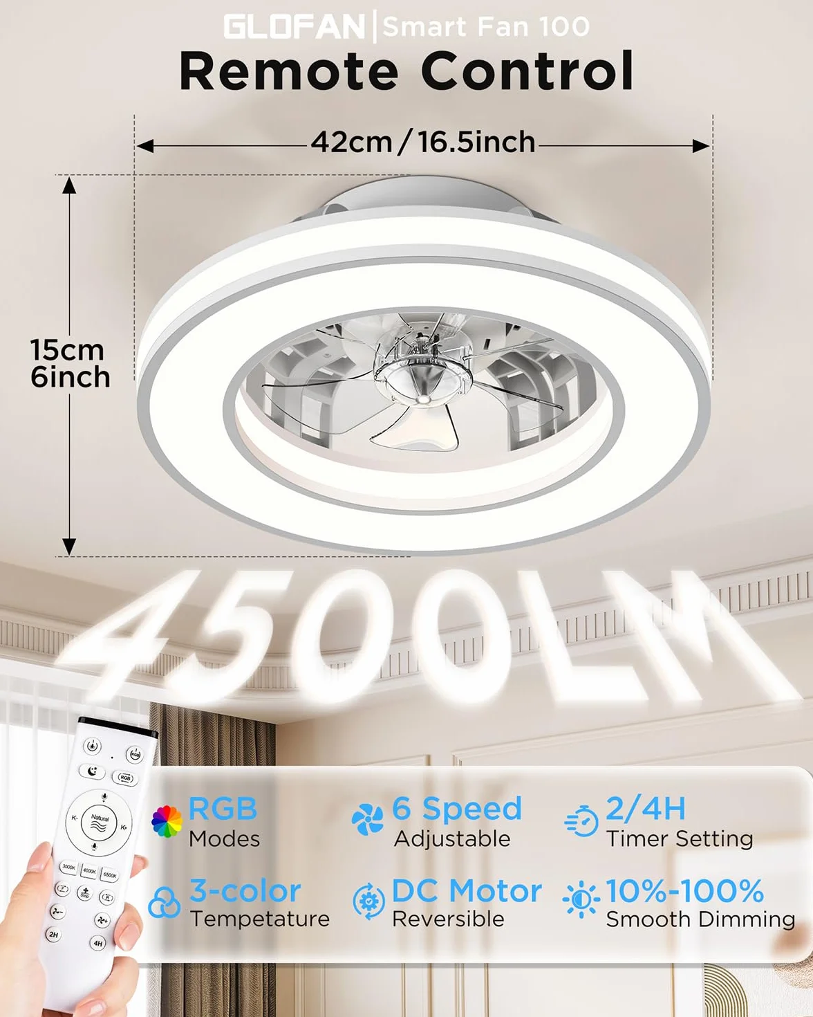 Ventilador de Techo con luz, Motor DC Silencioso Lampara Ventilador Techo RGB Regulable 3000K-6500K, 6 Velocidades Mando a Distancia Moderno Ventiladores para Dormitorio, Salon, Cocina, Ø42CM
