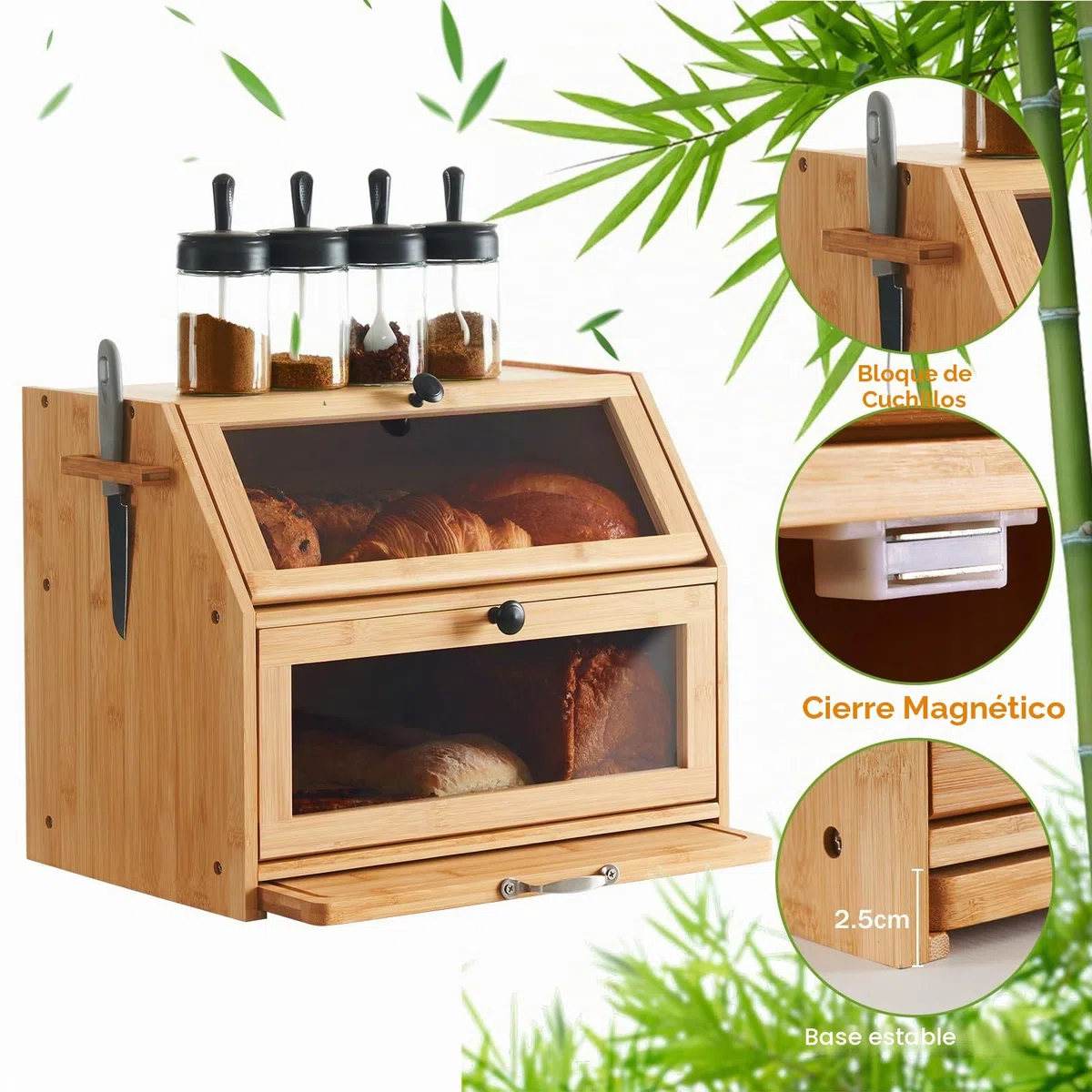 YOUDENOVA Panera Ecológica de Bambú Con Tabla de Cortar y Caja de Almacenamiento, Visualizada para Pan Tostado, 39 x 26 x 32,5 cm, Bambú Natural