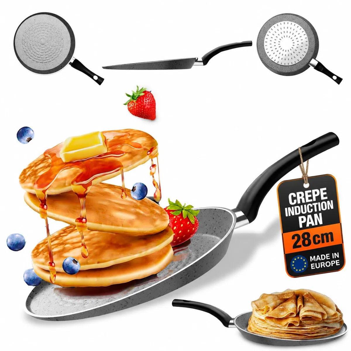 TEHORNEO Crepera, Crepera Sarten 28 cm Antiadherente Induccion, Sarten Crepes Induccion, Sarten Crepes, Budares para Arepas, Sartén Tortitas, Sartén Crepes, Crepe Pan, Crepeira, Sartén para Filloas