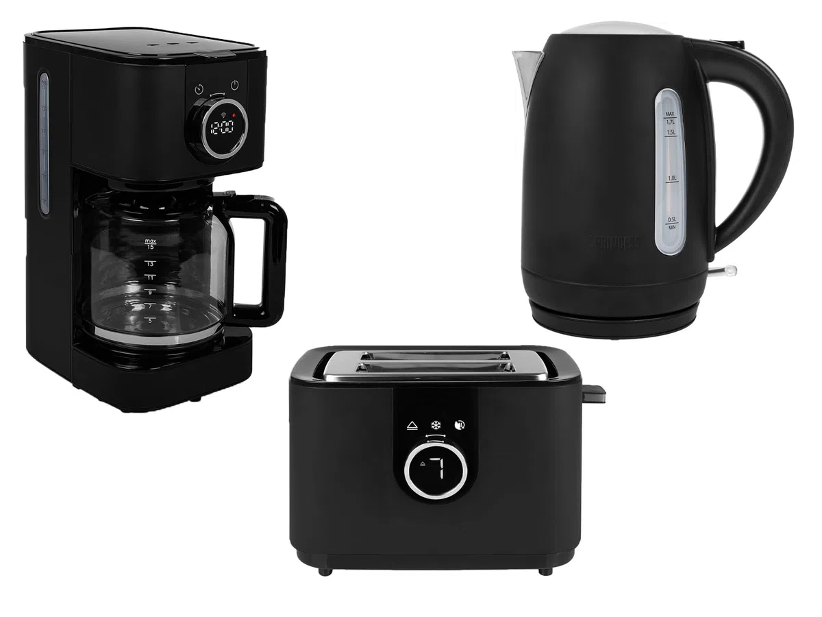 Set de desayuno de acero inoxidable en negro – Cafetera de filtro, hervidor de agua y tostadora