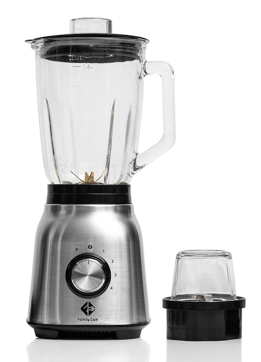 Family Care Batidora de Vaso, 1250 W, Licuadoras para Zumos y Batidos, 6 Cuchillas Titanium, Jarra Vidrio 1,5 L, 4 Velocidades + Turbo, Molinillo Café, Acero Inoxidable