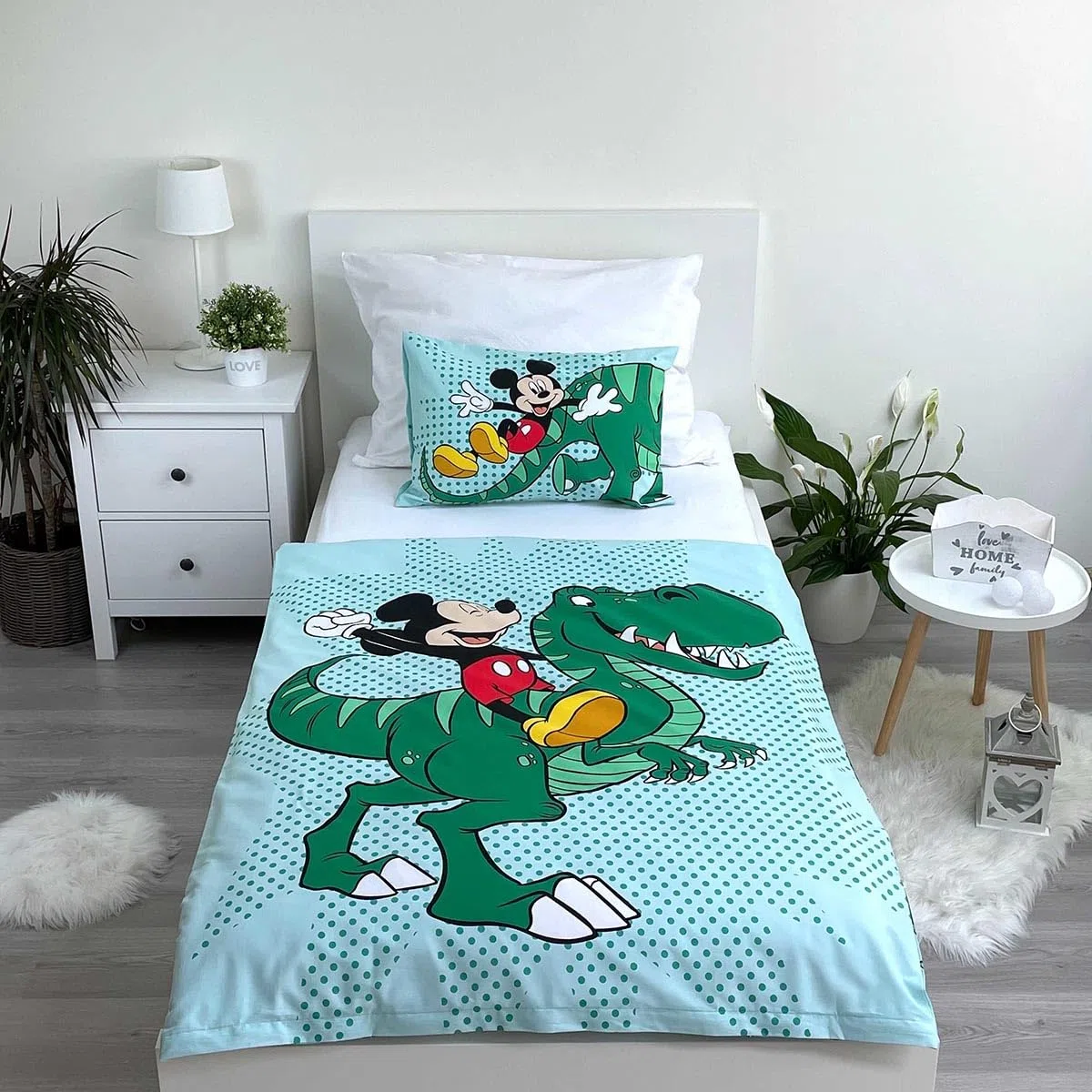 Funda Nórdica Mickey Mouse - Funda Nórdica Disney Infantil de Dinosaurios, para Edredón de Cama de 90, 100x135cm y Funda de Almohada 40x60cm, Color Verde