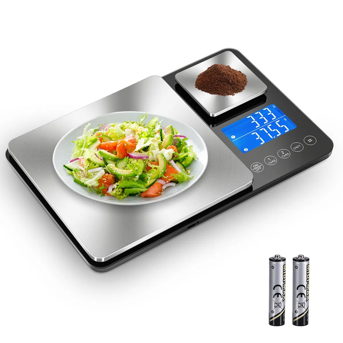 Báscula de cocina digital de doble plataforma,1 g y 0,01 g de precisión, capacidad de 15 kg y 500 g, Ideal para alimentos, hornear, cocinar y joyas, Pantalla LCD y función de acumulación