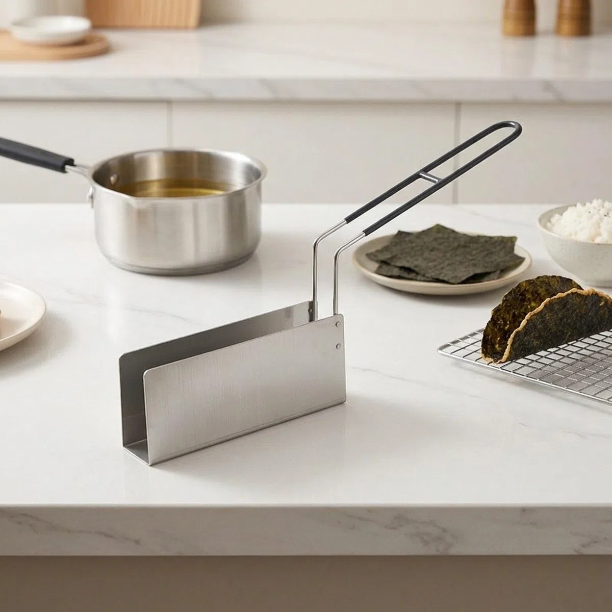 Soporte para Tacos Soporte para Sushi Contenedor de Alimentos Herramienta para Freír de Acero Inoxidable Estructura Rectangular Fácil de Limpiar, 4.2 Cm
