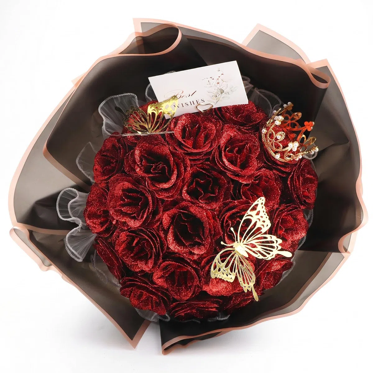 DRAKEWOOD Ramo de Rosas Purpurina Rojas con 24 Piezas Rosas Artificiales Burdeos Mariposa Corona y Tarjetas - Ramo de Flores Brillantes para San Valentín Compromiso Boda Aniversario día de la Madre