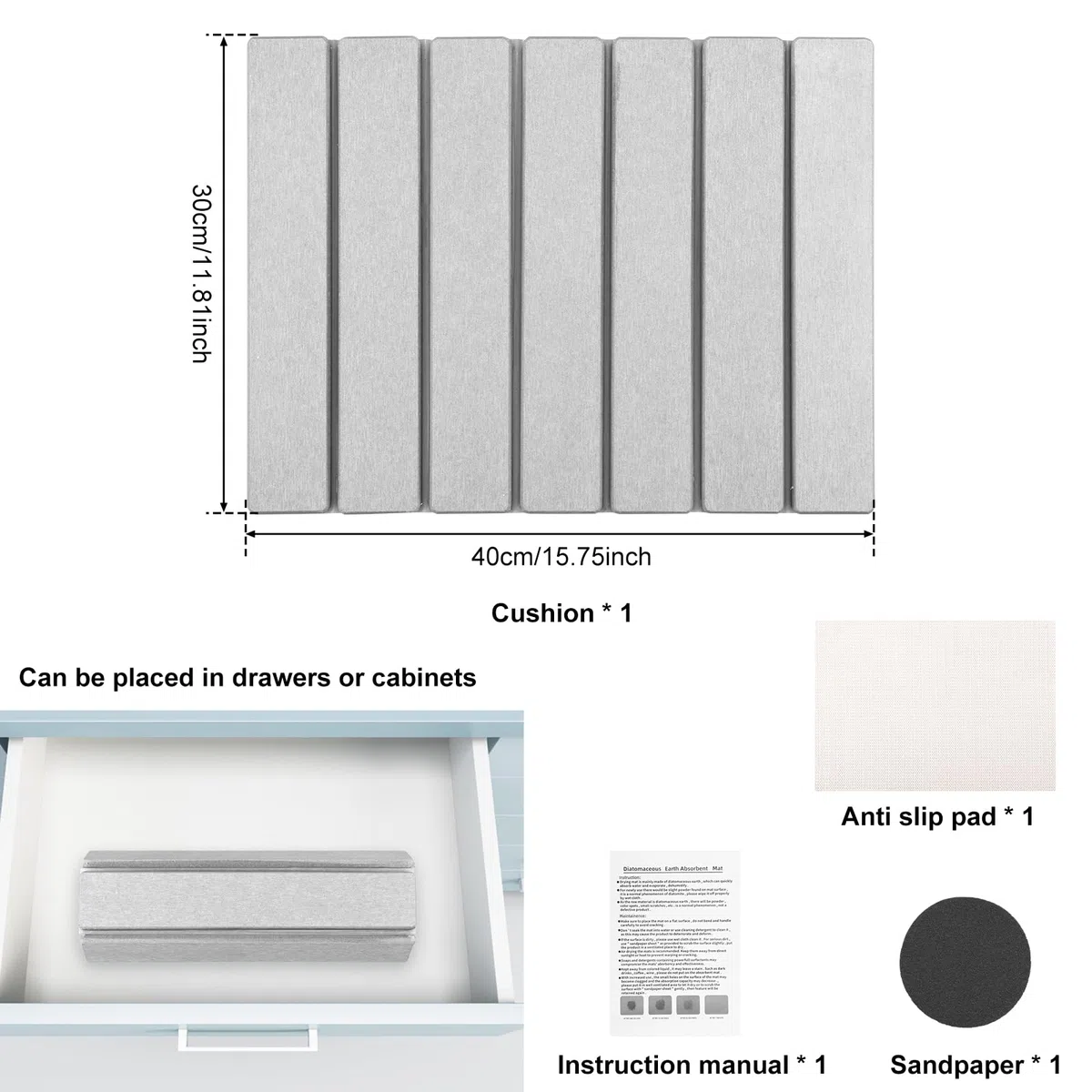 Stone Drying Mat Kitchen 40 x 30 cm - Alfombrilla plegable para escurreplatos, antideslizante, absorción de agua, secado, aislamiento térmico, vajilla de apoyo, vajilla (gris, 40 + 30