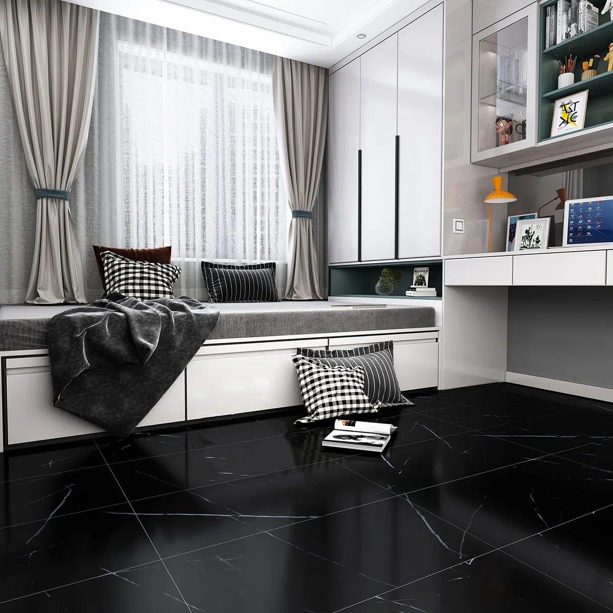 VEELIKE Pegatinas Impermeables para Baldosas de Baño Autoadhesivo Azulejos de Piso de Vinilo Negro Adhesivo para Piso de Cocina Resistente al Aceite Pelar y Pegar Retirable 12 Piezas 60cm x 30cm