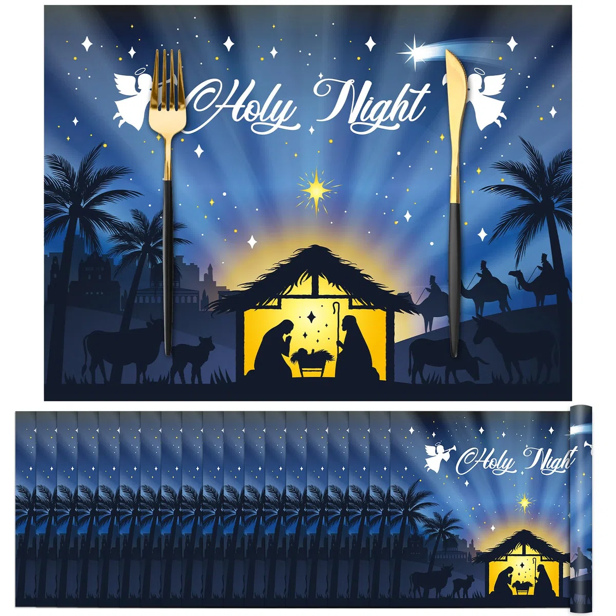 OBUSATT 100 manteles individuales de papel de Navidad con diseño de noche santa, para belén, color azul, manteles individuales de cocina para vacaciones, fiesta de invierno, decoración de mesa de