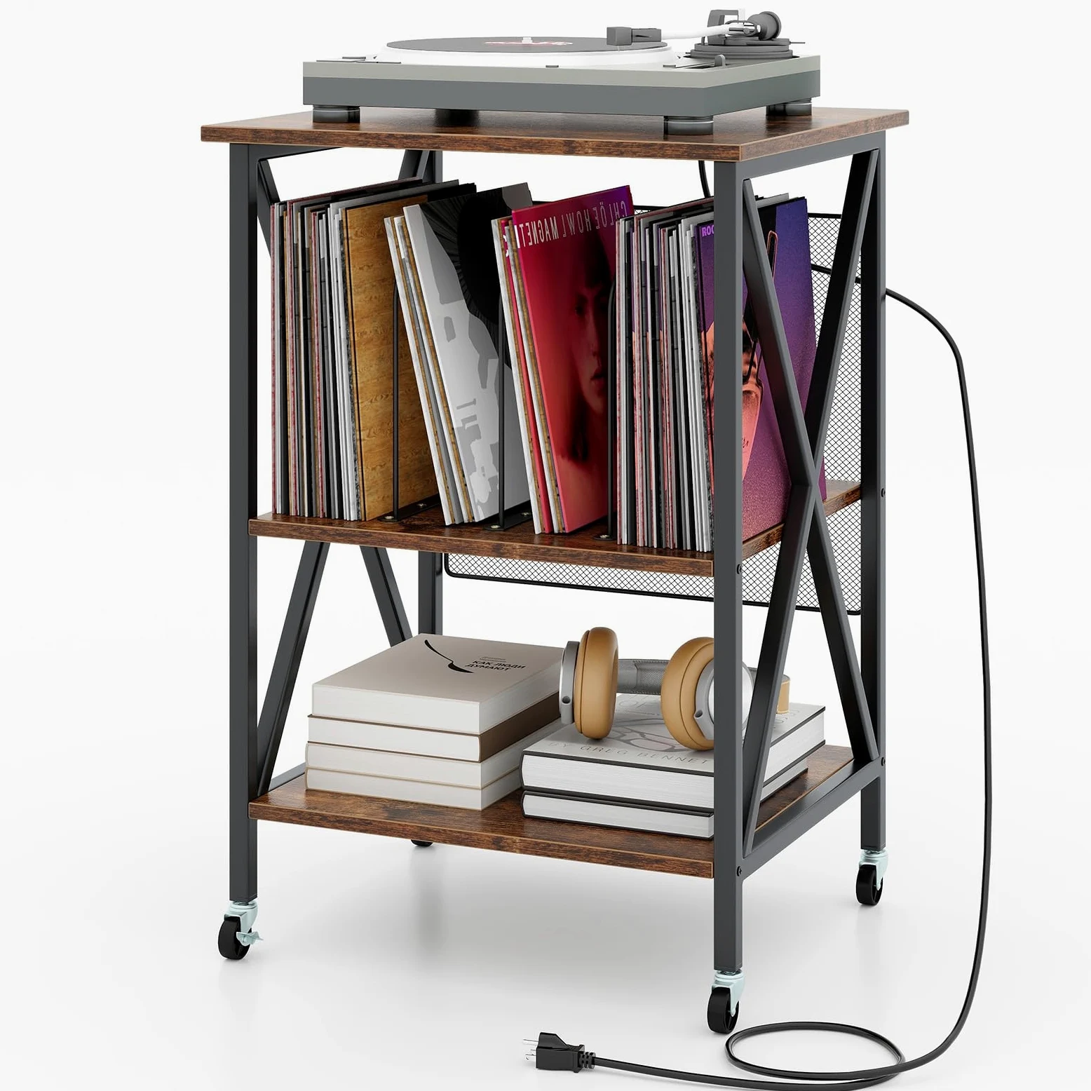 GOPLUS Soporte para Tocadiscos, Estante de Almacenamiento para Vinilos de 3 Niveles con Estación de Carga Incorporada y Ruedas Bloqueables, Soporte para Giradiscos (Marrón Rústico)