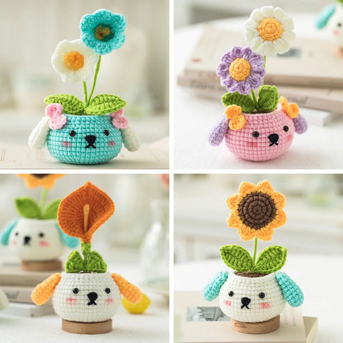 RoseFlower crochet kit principiantes, paquete de 4 plantas en maceta, kits de inicio de crochet con videotutoriales paso a paso, kit de animales de crochet para tejer a mano para adultos