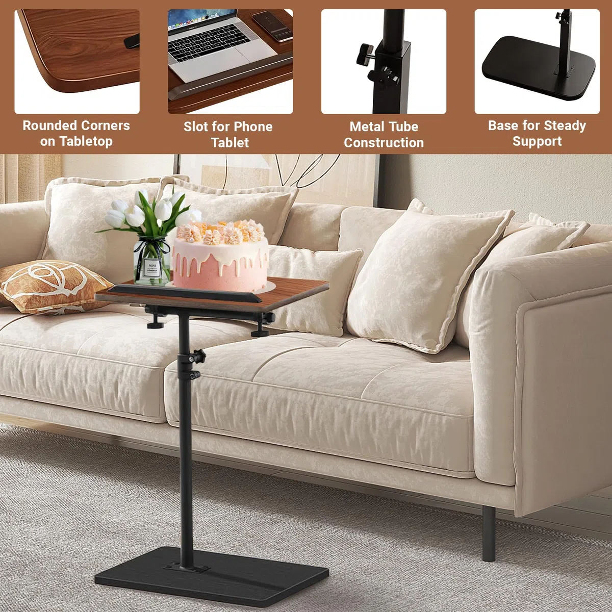 Mesa auxiliar en forma de C, pequeña mesa auxiliar redonda para café, aperitivos, plantas, mesas auxiliares de madera en forma de C, pequeña mesa de sofá para salón, dormitorio, oficina