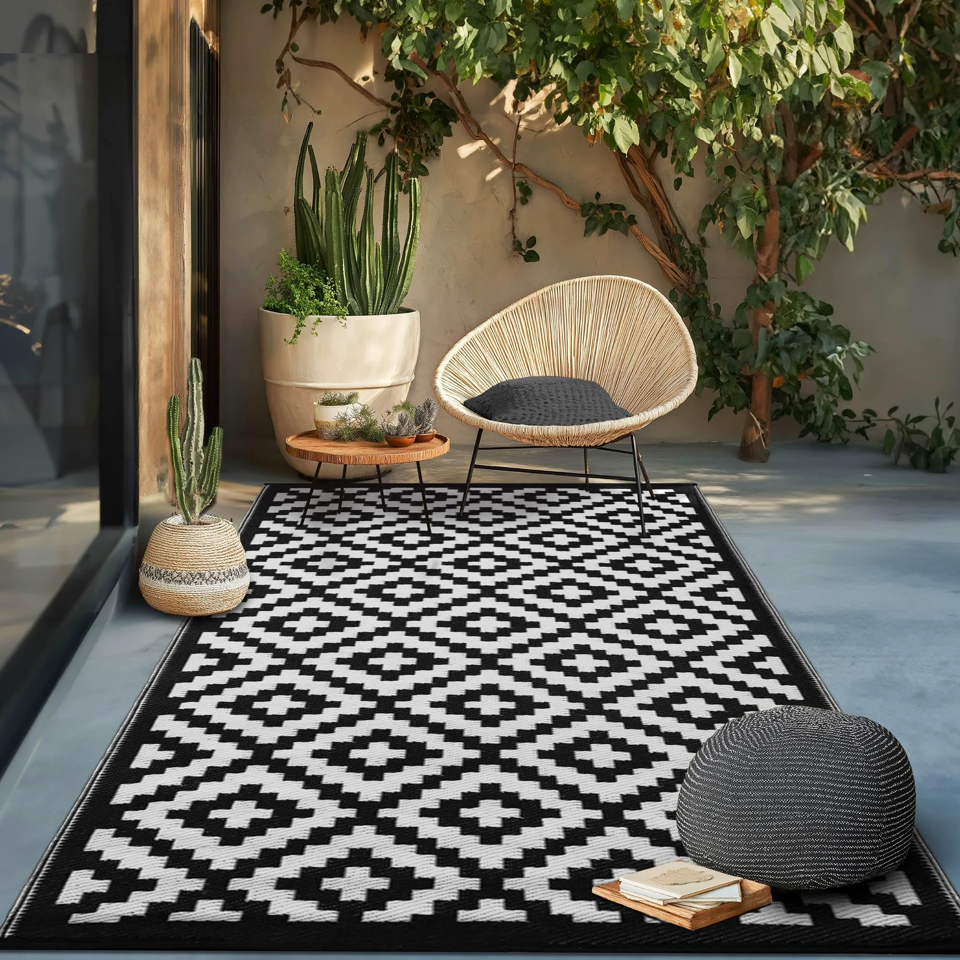 Green Decore Nirvana 120 x 180 cm - Alfombra ecológica para interiores y exteriores - ligera y reversible - Negro / Blanco
