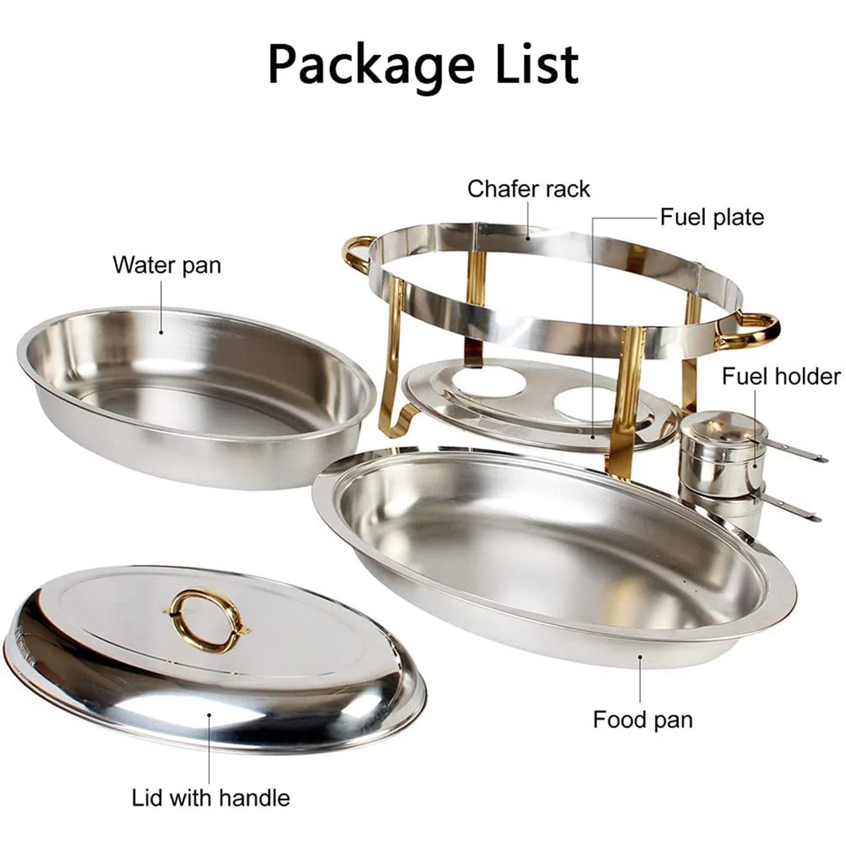 Juego de platos para rozaduras de 6 cuartos de galón, calentador de buffet ovalado con bandeja para alimentos, bandeja de agua, marco, tapa y soporte de combustible para catering y eventos