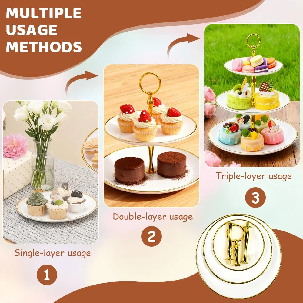 2 Piezas Soporte para Pasteles de 3 Niveles,Bandeja de Tartas Reutilizable Plato de Frutos Soportes Cartón para Cupcakes Bandeja de Postre para Fiestas,Cumpleaños,Bodas,Baby Shower, Postres