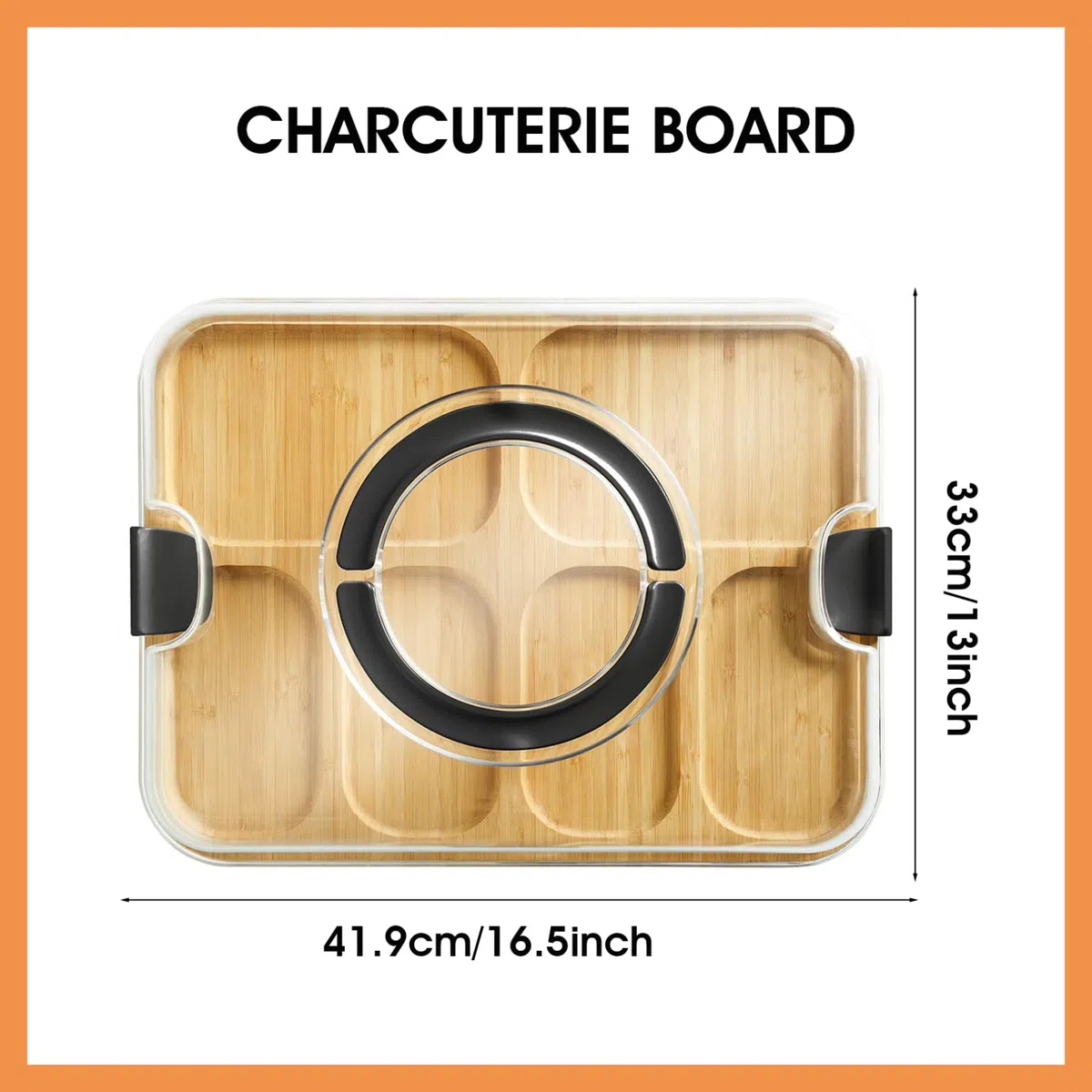 Tablero de charcutería con tapa, 41.9x33cm tablas de charcutería de bambú con mango de tapa transparente, 6 compartimentos que sirven bandeja, tablas de queso portátiles para bocadillos de comida de