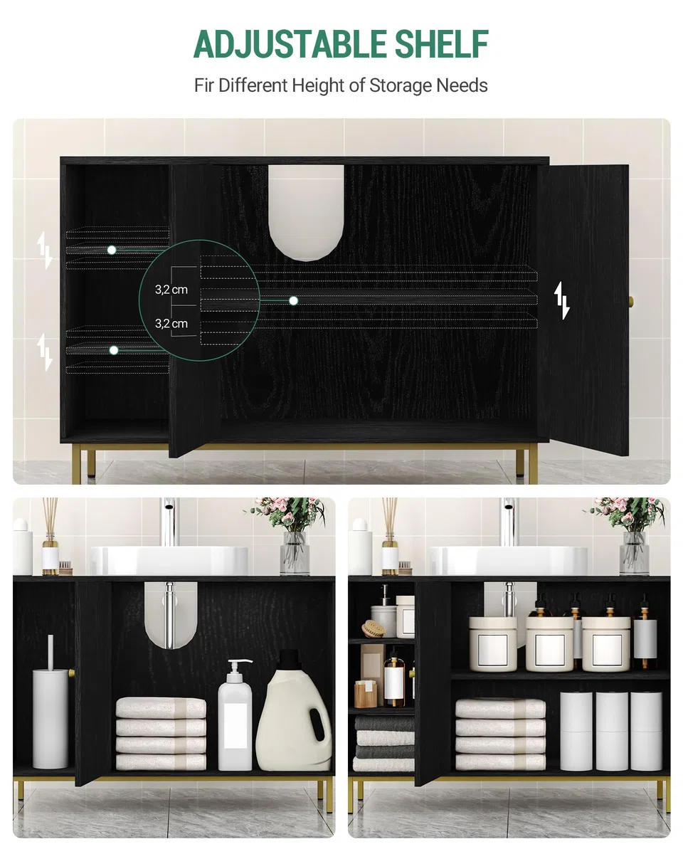 Hzuaneri Mueble Bajo Lavabo, Armario de Baño, con 2 Puertas, 2 Compartimentos, Balda Ajustable en Altura, Resistente a la Humedad, 30 x 90 x 63 cm, Negro BC09804G