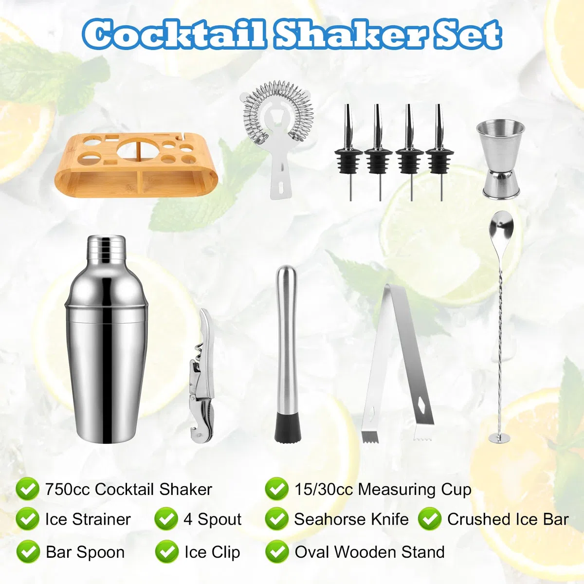 12 Piezas Juego de Coctelera, Cocktail Kit Acero Inoxidable con Accesorios de Bar, Kit Coctelería 750 Ml para Cócteles, Juego De Barman Todo En Uno para Casa O Bar