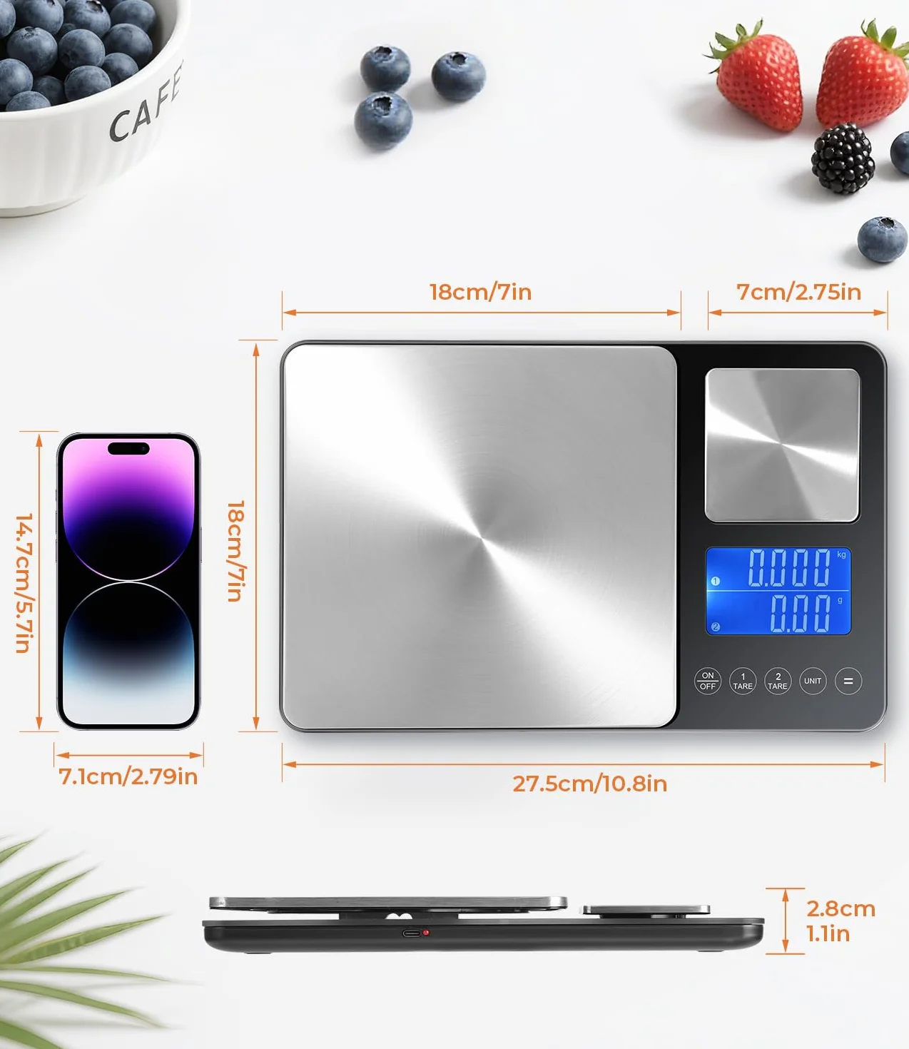 Báscula de Cocina Digital con Doble Plataforma (10kg/1g & 500g/0.01g), Recargable por USB & con Pilas, Acero Inoxidable, Pantalla LCD, 7 Unidades, ideal para Cocina & Repostería