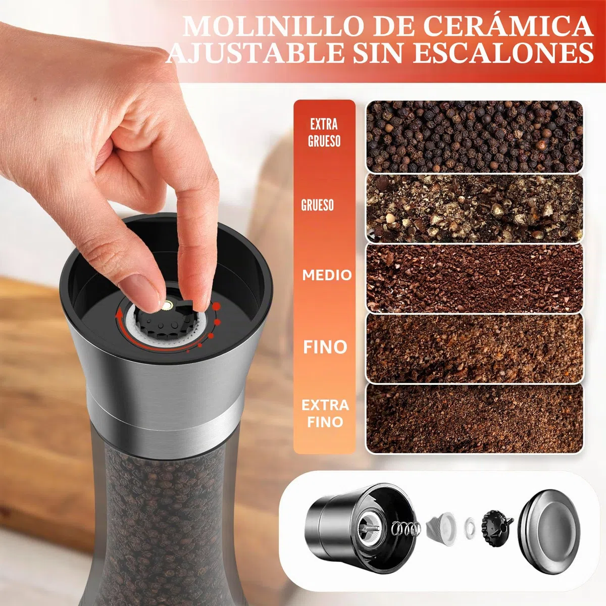4 Piezas Molinillo de Especias,Salero y Pimentero Ajustable Spice Mill Set,Acero Inoxidable y Vidrio,Núcleo Abrasivo Cerámico,Ideal para Moler y Rellenar Sal,Pimienta y Chile