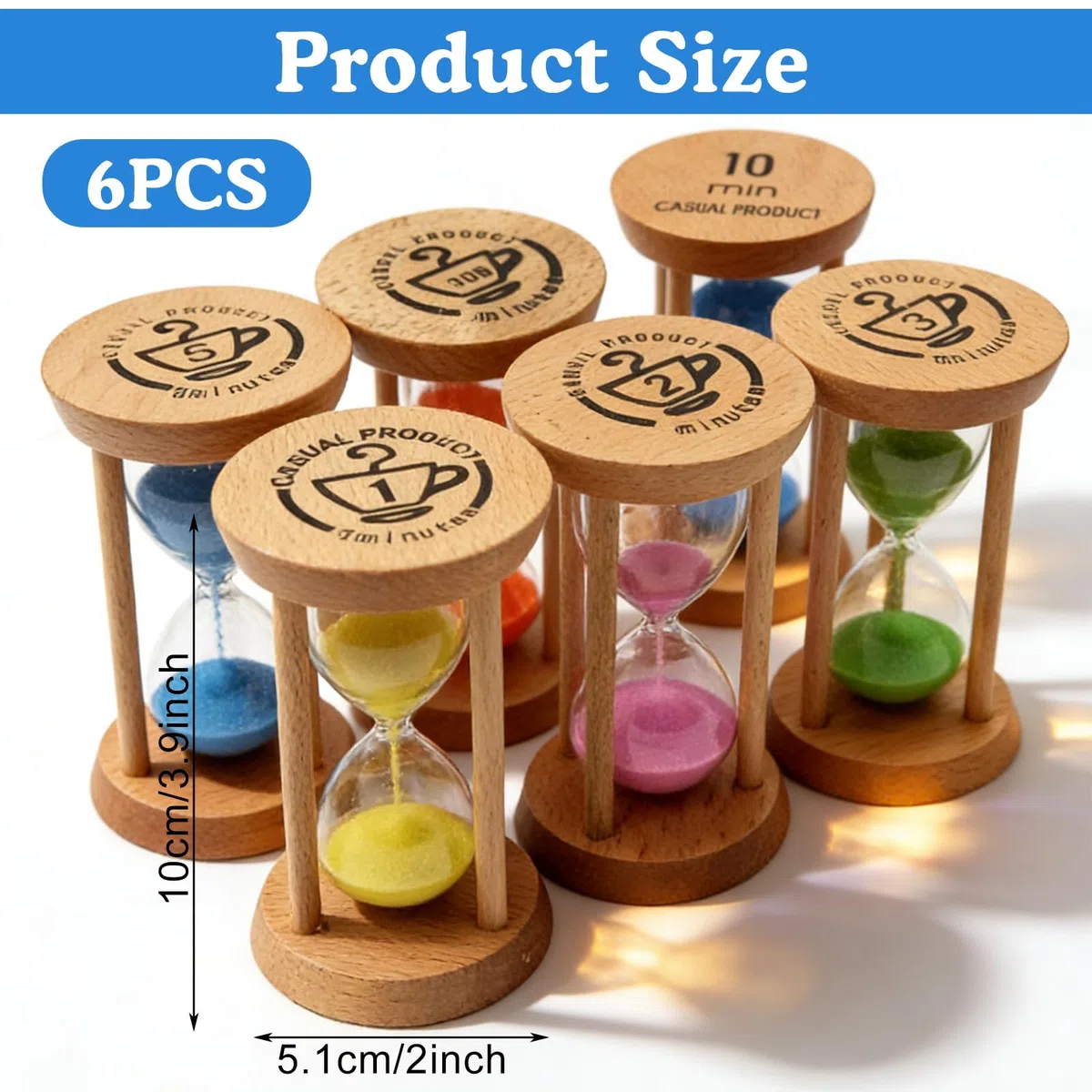 Juego de 6 temporizadores de reloj de arena, relojes de arena de 30 s/1/2/3/5/10 minutos, reloj de arena de madera pequeño para el aula, temporizador y decoración de mesa para niños, cepillarse los