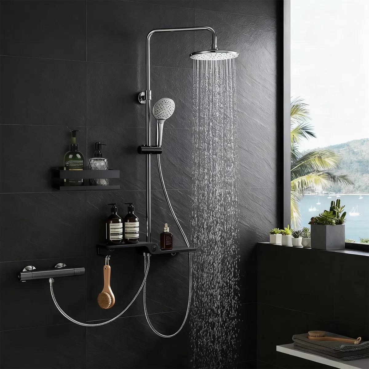 EXLECO Estanteria Baño Pared 30CM Estante Ducha sin Taladro Acero Inoxidable, Cesta da Ducha Autoadhesiva con 2 Ganchos, Repisas Baño Organizador Accesorios para Jabonera Champú y Gel, Negro