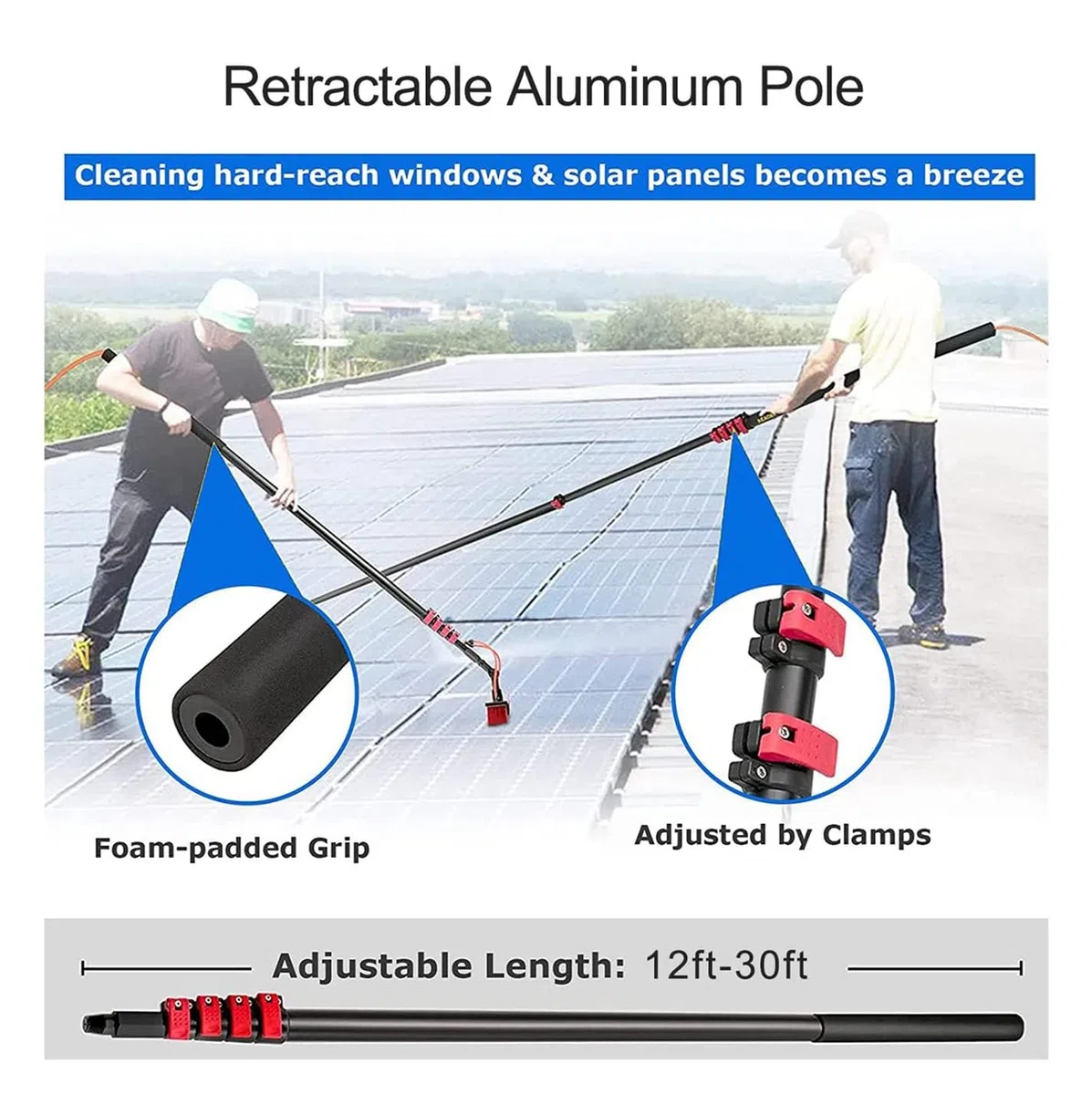Cepillo telescópico, Cepillo para Limpieza de Paneles solares y Mango Extensible, Kit de Limpieza de Ventanas, Cepillo Extensible con Suministro de Agua, Herramientas de